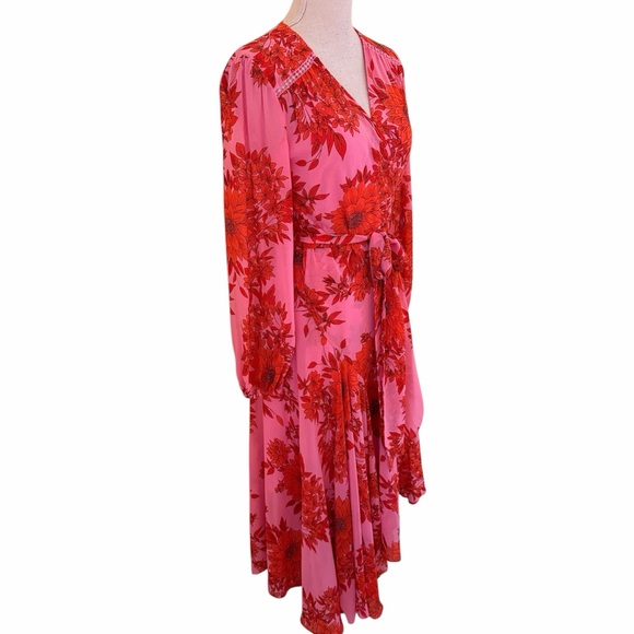 CAbi Pink/Red Chiffon Floral "Drama" Wrap Style Midi Dress #5614 S - Picture 7 of 12